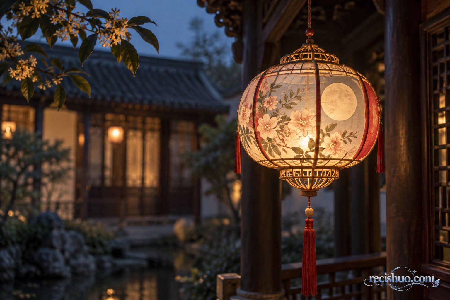 暮色庭院回廊中亮起一盏花卉与圆月纹样的传统手工彩灯