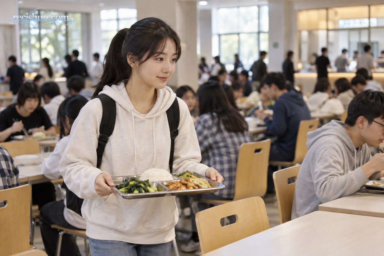 大学新生端着营养均衡的餐盘在校园食堂就餐