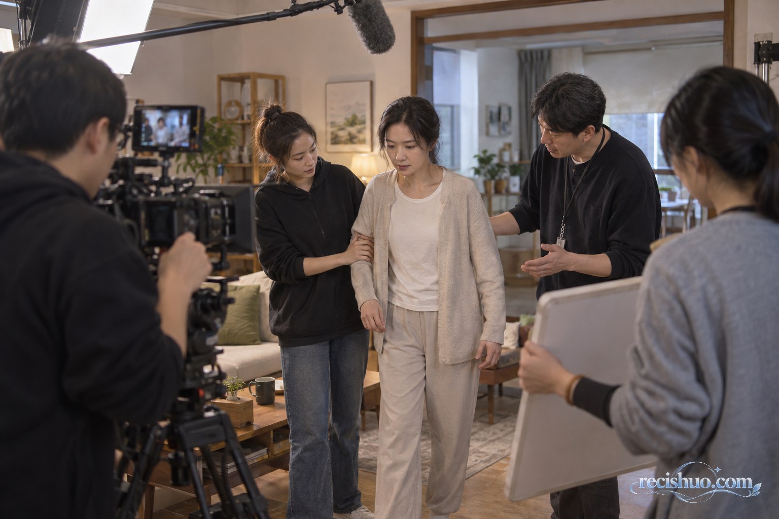 短剧片场工作人员陪伴行动不便的女演员进行走戏