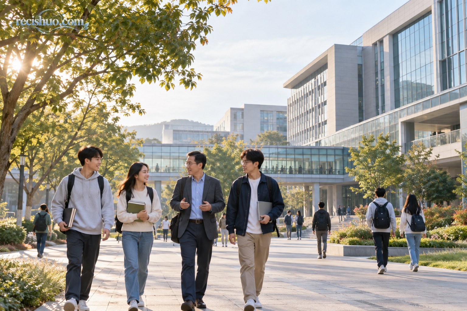 初秋晨光中教师与青年学生行走在现代大学校园