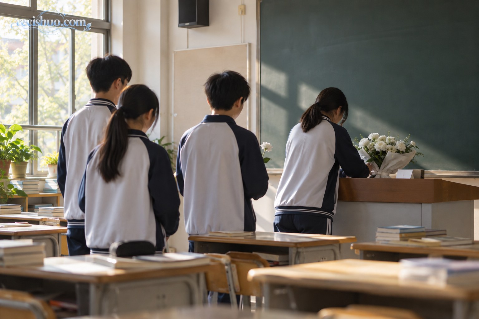 几名学生在安静教室的讲台旁放置白色花束表达追思