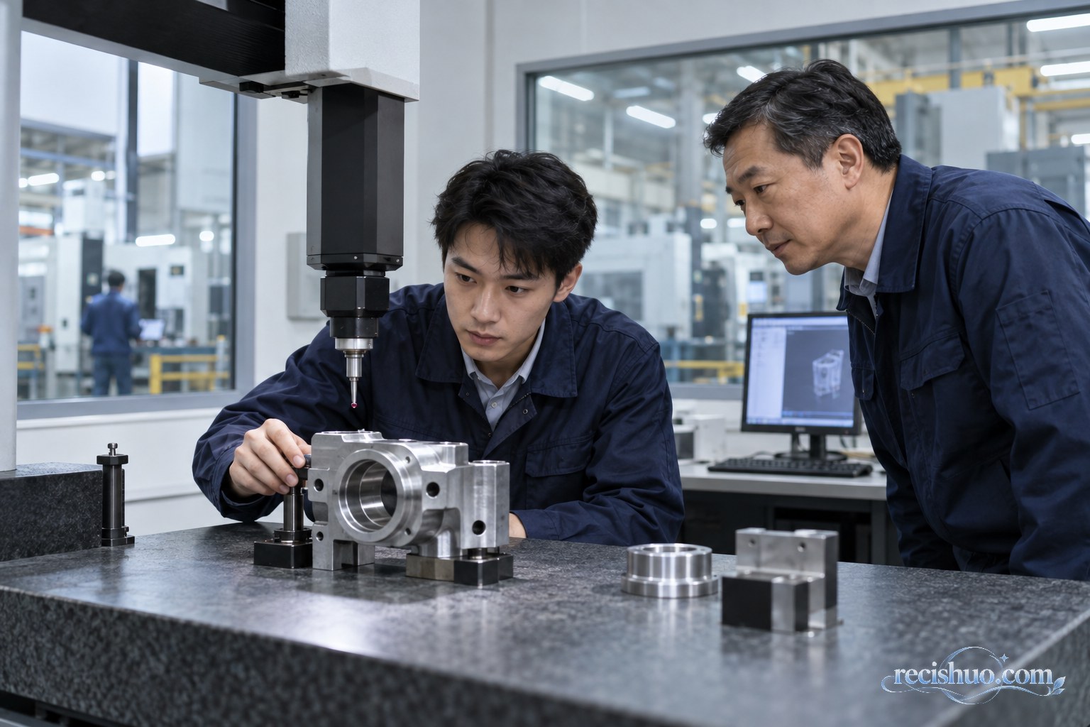 青年工程师与资深技术人员使用精密测量设备检查金属零件