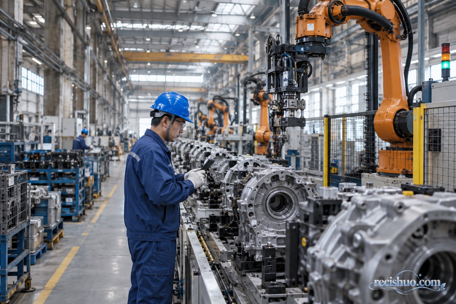 中国工程师在现代工厂自动化生产线旁检查设备运行