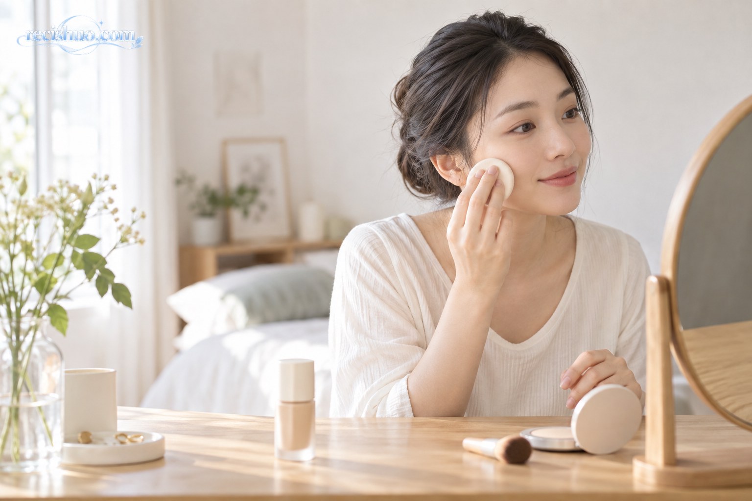 成年女性在自然光下对镜轻拍底妆,桌面只摆放少量基础化妆用品