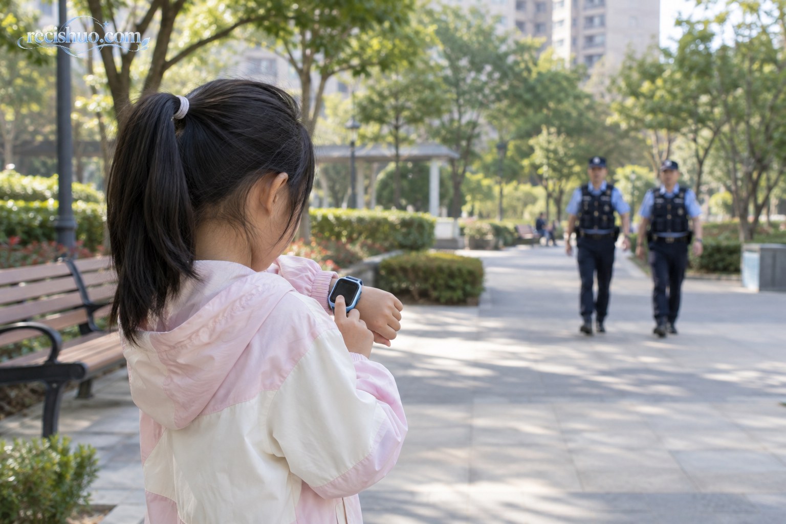 女孩在城市公园用电话手表求助,远处两名民警沿步道走来