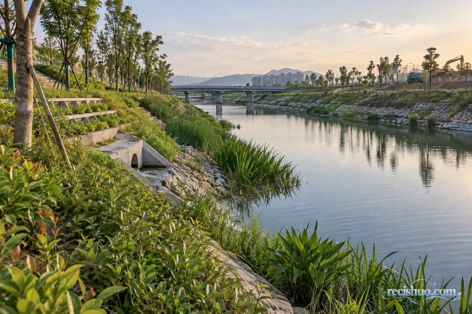 运河沿岸采用植被与分级护坡进行生态修复的景观