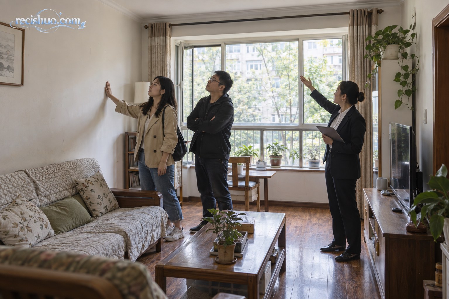 购房者在成熟住宅小区旁查看二手房资料