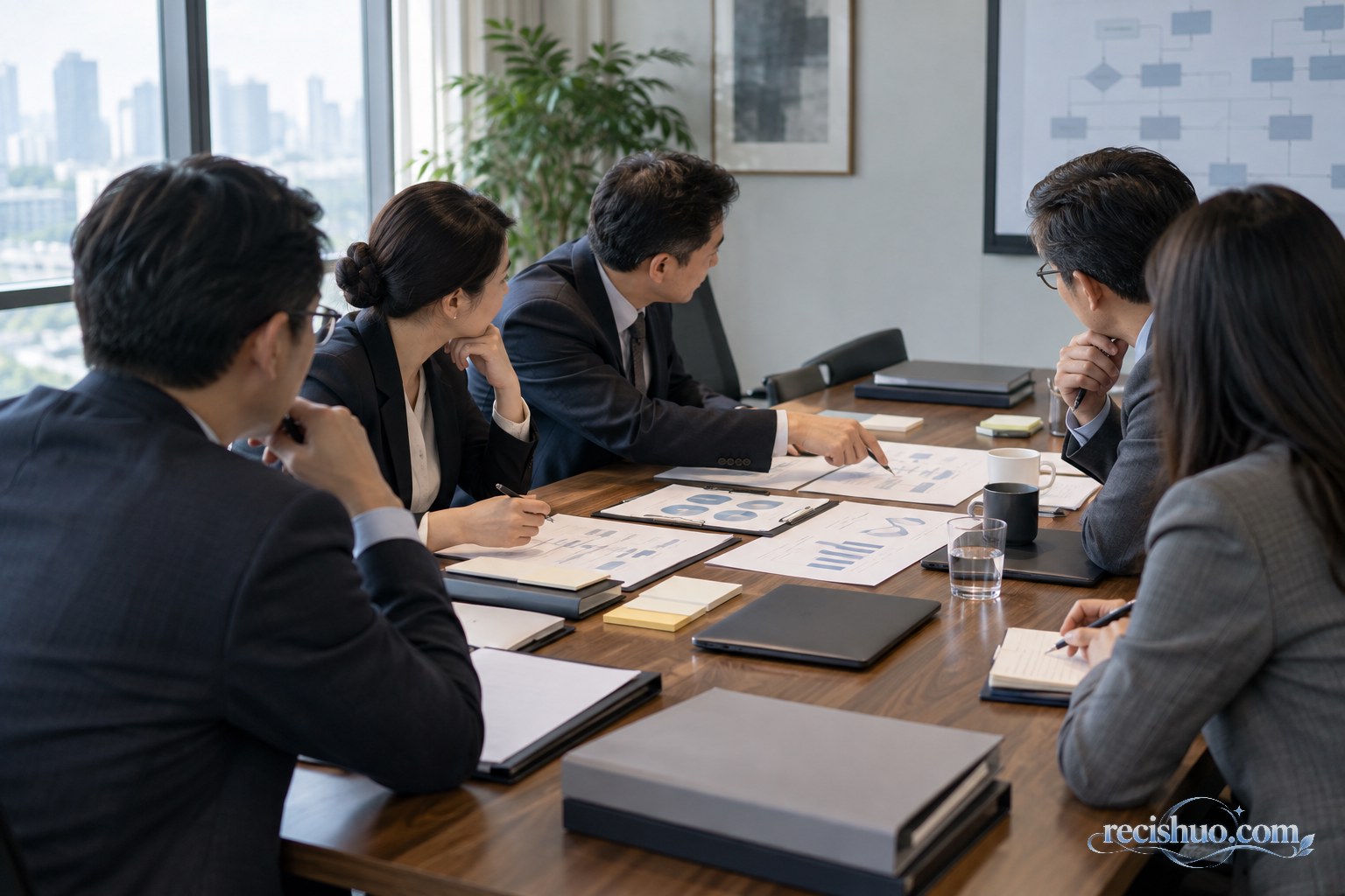 会议室内多名专业人士围绕文件和流程图讨论企业重整方案