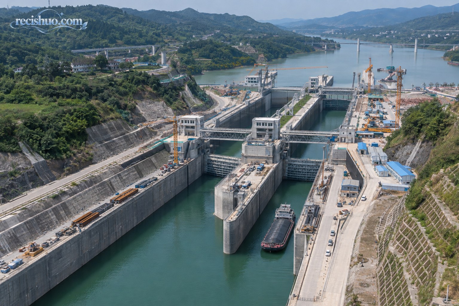 山地河谷中的现代运河船闸枢纽及施工场景