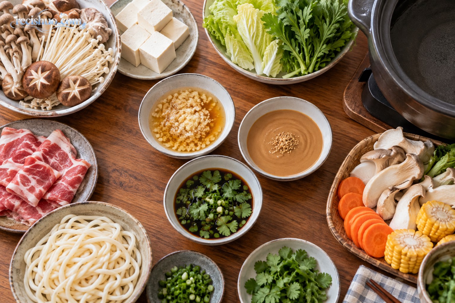 家庭火锅桌上的三种蘸料与按类别分装的肉类、菌菇、豆腐和蔬菜