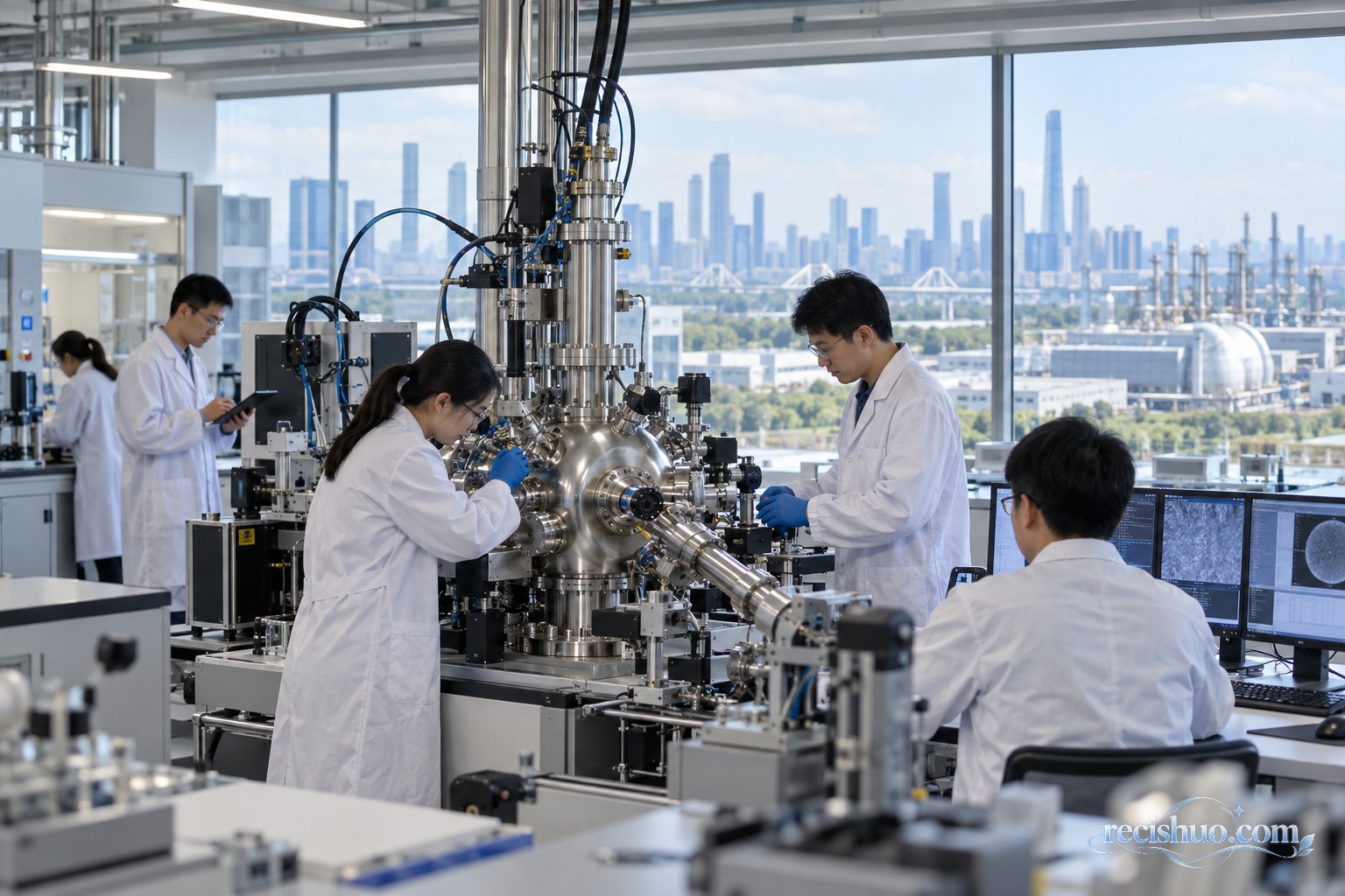 中国科研人员在现代化国家实验室内协作调试大型科学仪器