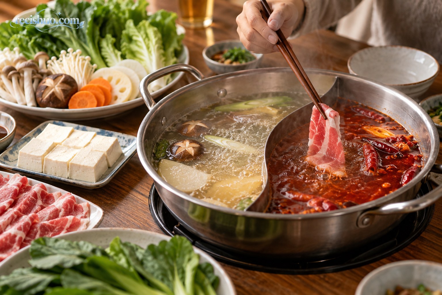 木筷将薄肉片放入鸳鸯锅,周围摆着菌菇、豆腐和新鲜蔬菜