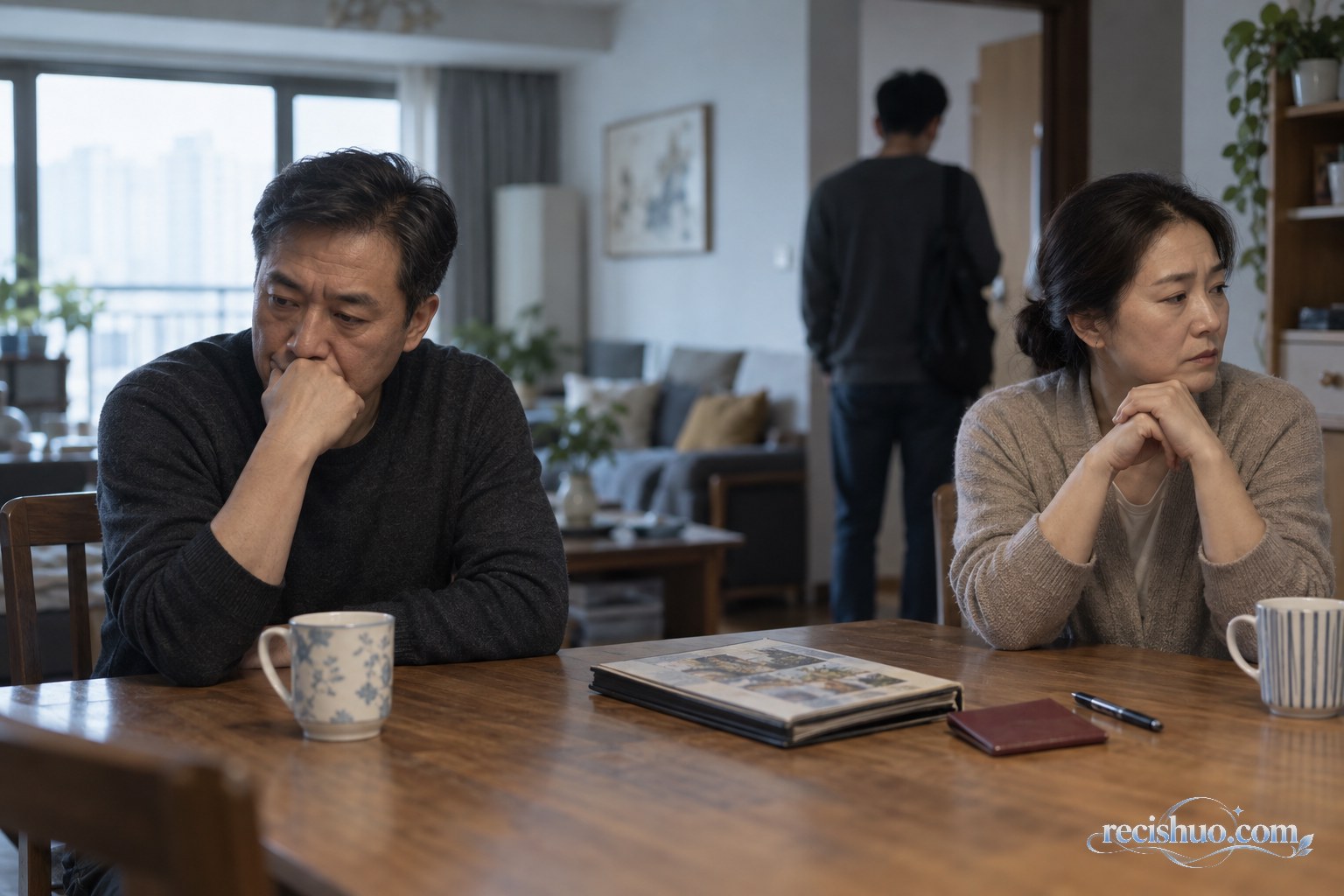 夫妻分坐餐桌两侧沉思,成年子女背对二人站在客厅门边