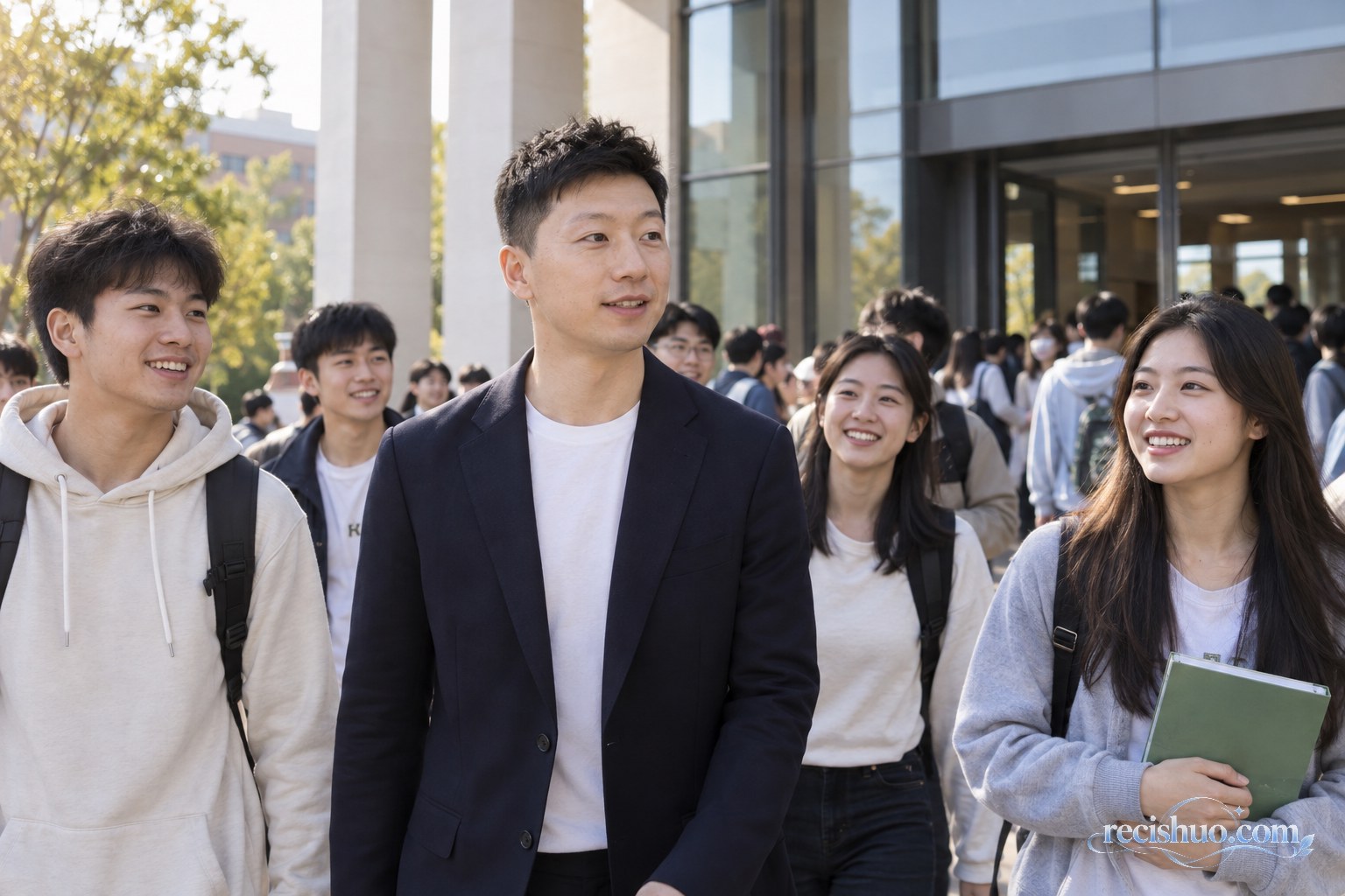 大学校园入口处,一名运动员形象的嘉宾与新生共同步入会场