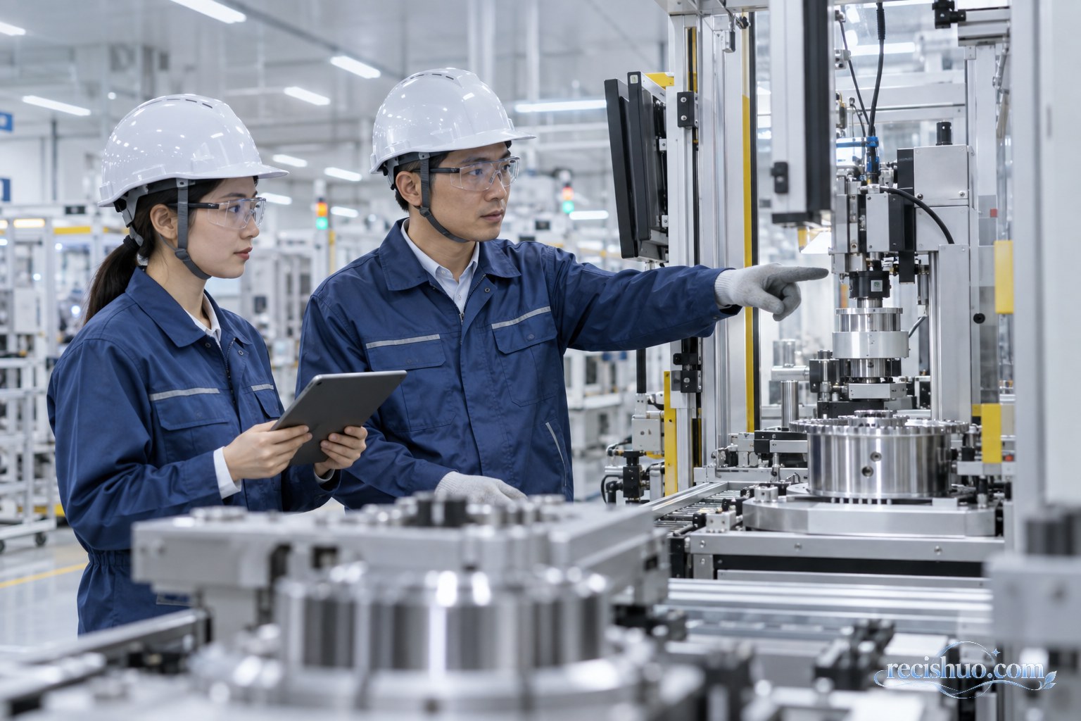 两名工程技术人员在高端装备制造车间调试并检查设备