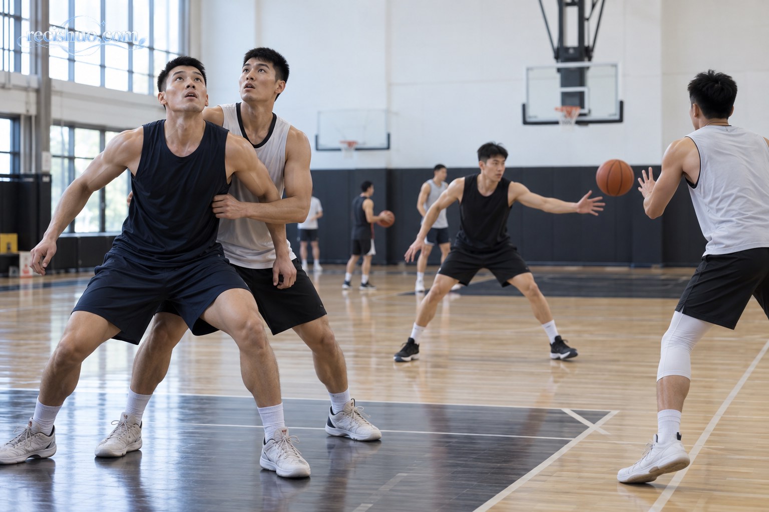 篮球运动员在训练馆进行篮板卡位、防守与传球专项练习