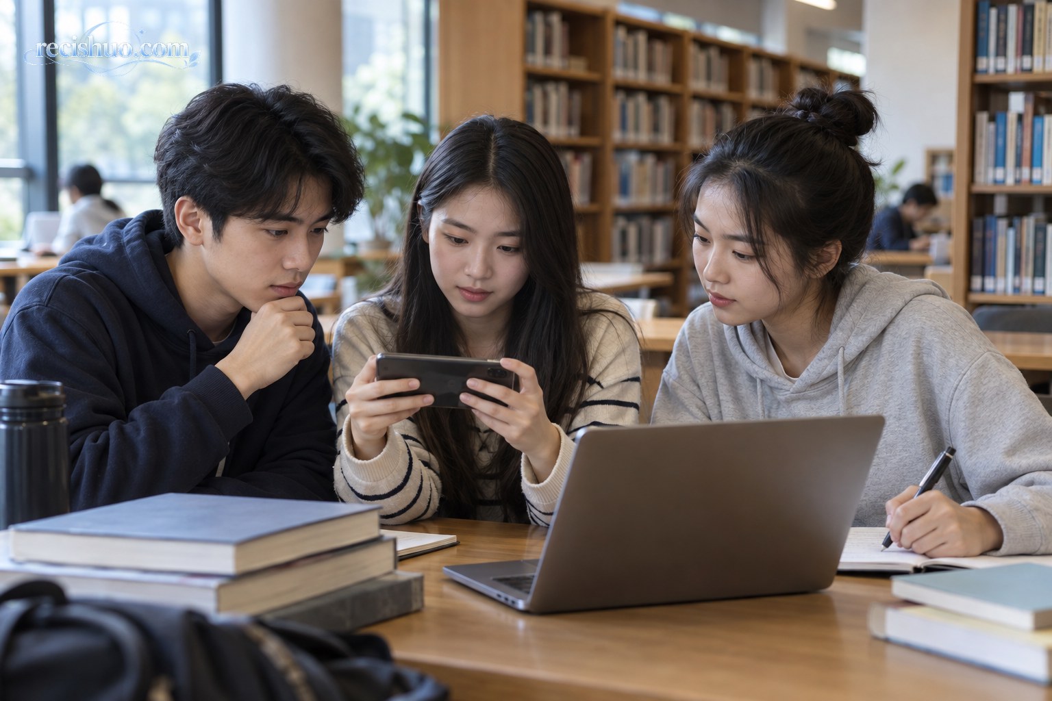 三名大学生在图书馆通过手机和电脑核验网络视频信息