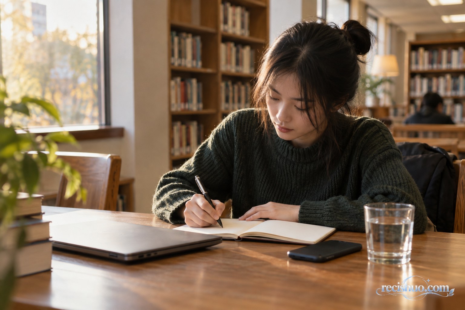 图书馆里一名年轻女子合上电脑后在笔记本上记录自己的判断