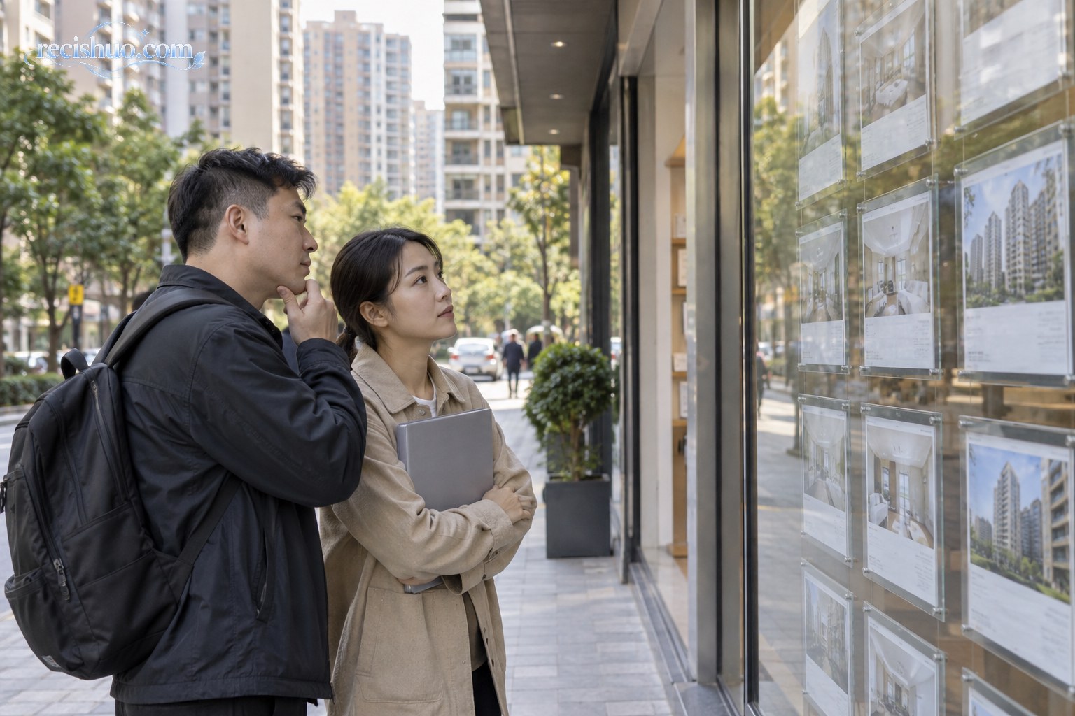购房者在城市住宅区的房产门店外理性查看二手房源