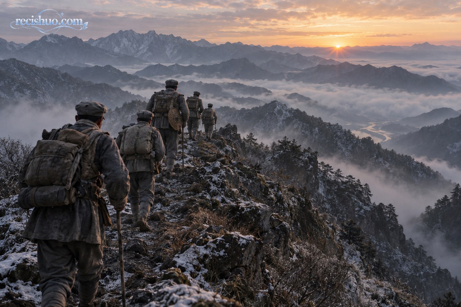 晨曦中一支队伍沿险峻山脊前行的历史氛围场景