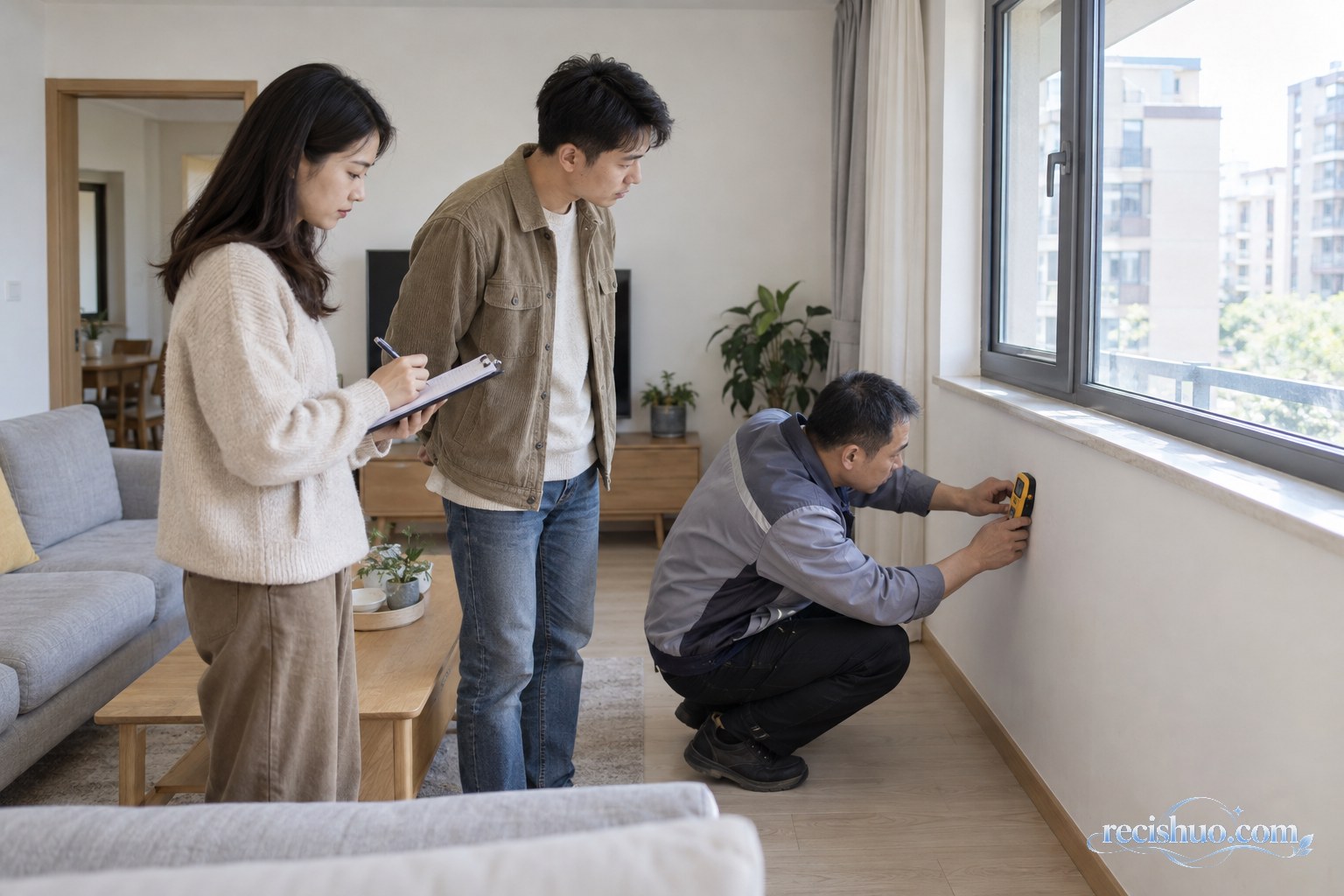 购房者陪同验房人员检查普通二手住宅的墙面与窗户