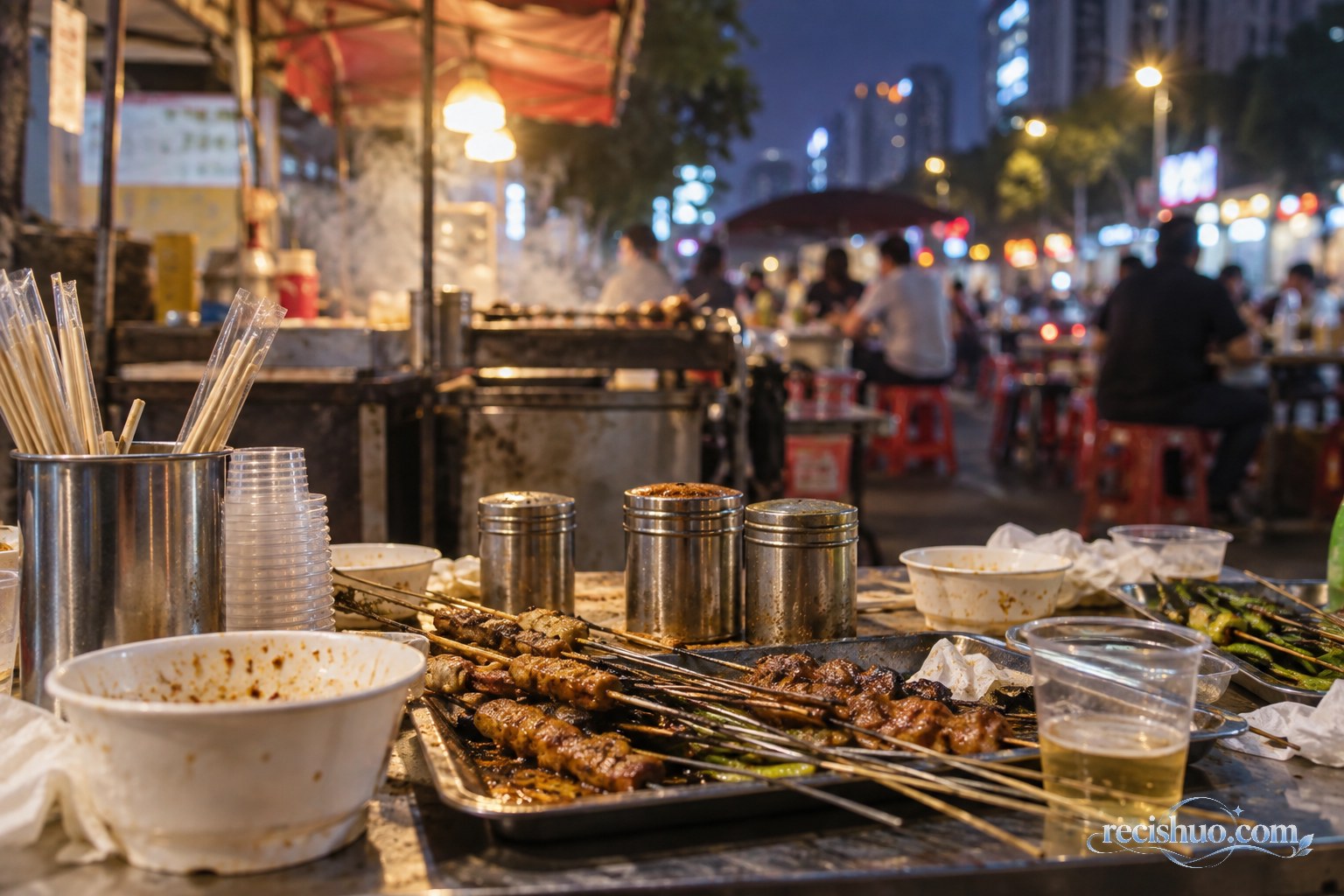 夜间烧烤摊餐桌上的烤串、调料罐与虚化顾客场景
