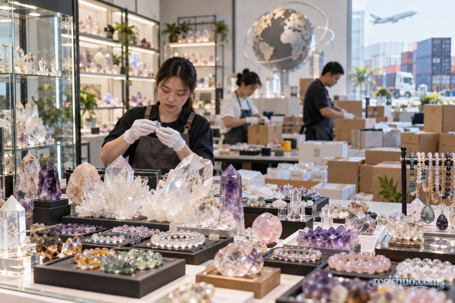 水晶交易空间内工作人员检验商品并整理待发包裹