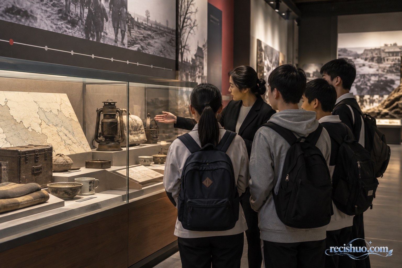 教师带领中学生在历史纪念馆内观看展陈并学习抗战历史