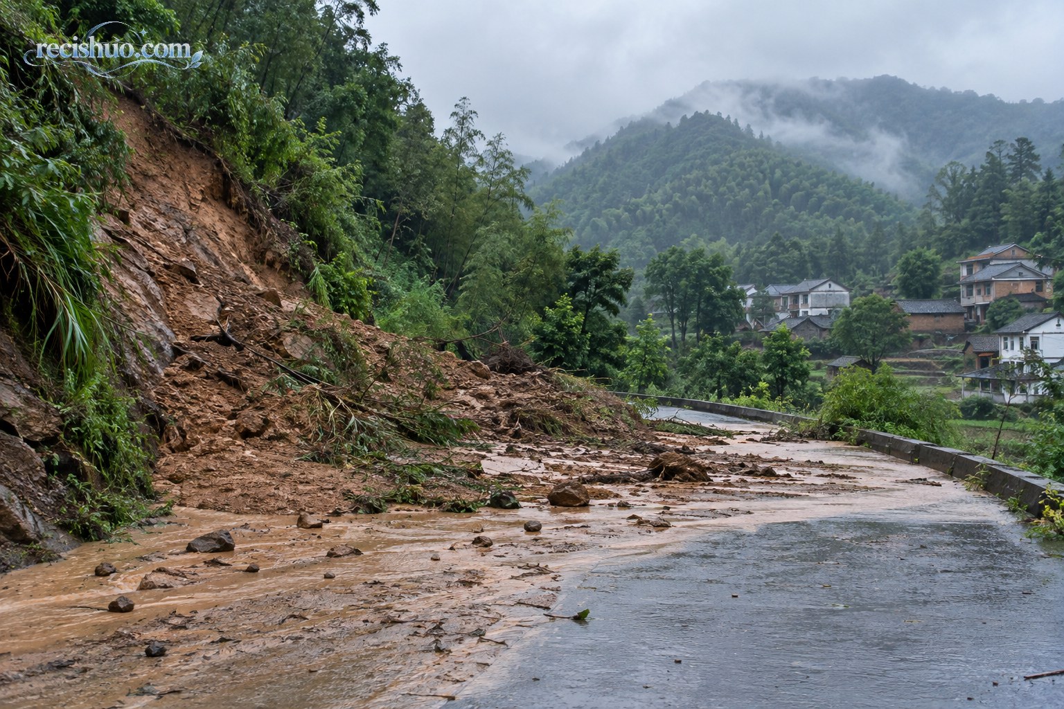 强降雨过后泥土和碎石涌上山区村道的险情场景