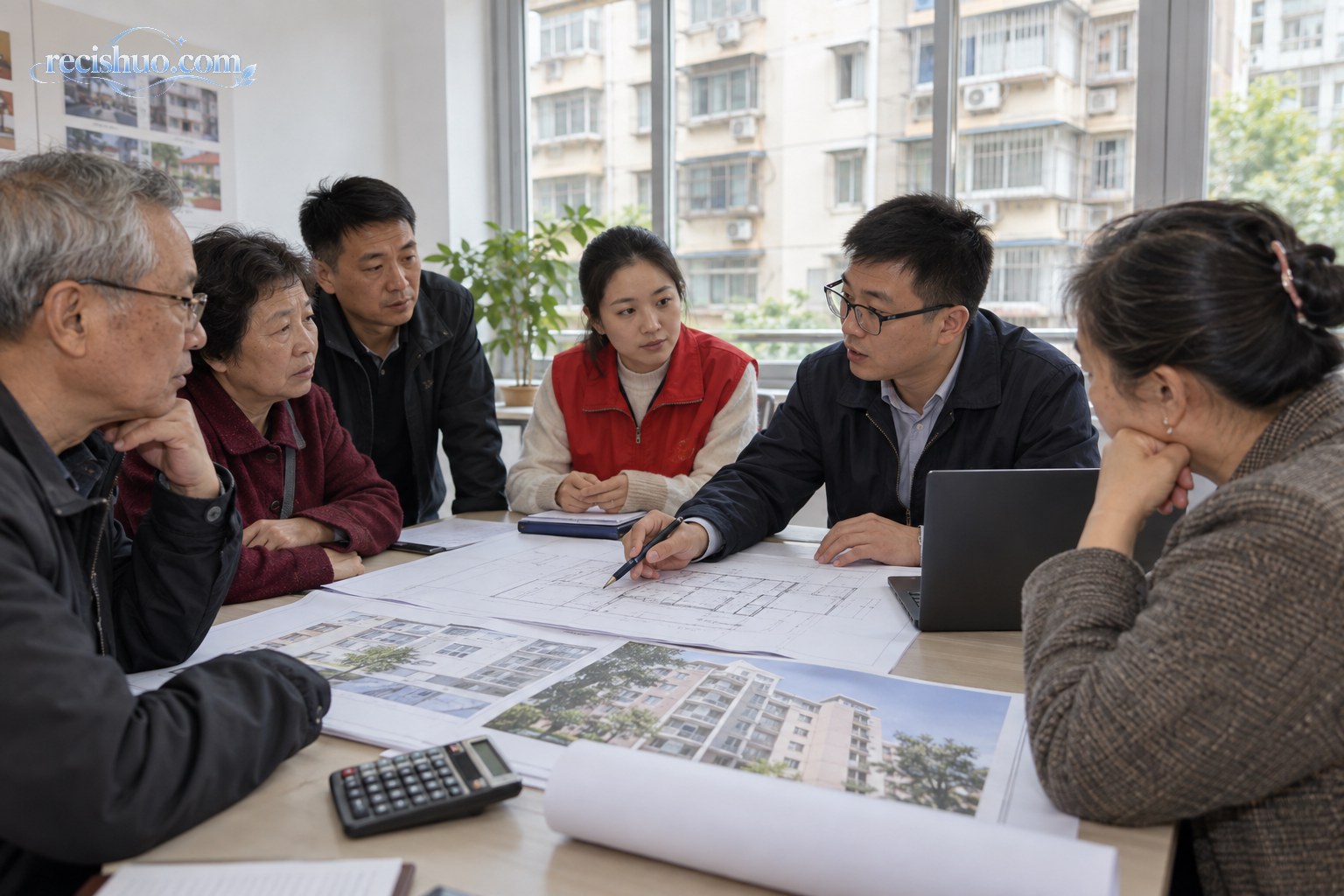 不同楼层居民与社区及工程人员围绕加装电梯方案进行协商