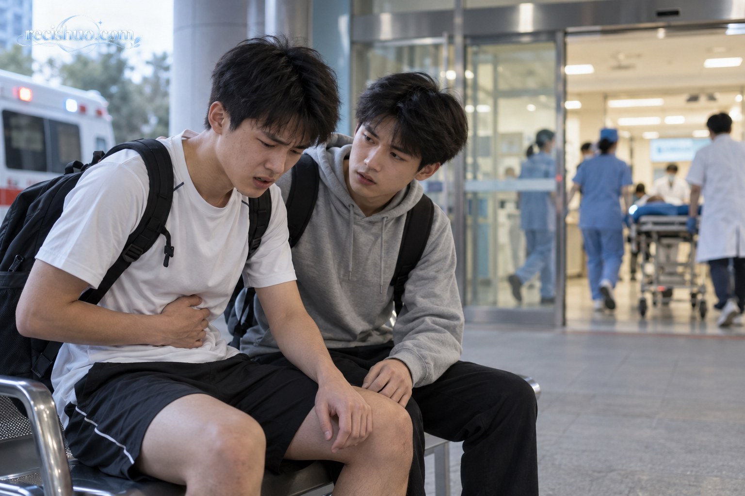 年轻大学生腹部不适时在医院急诊入口由同学陪伴