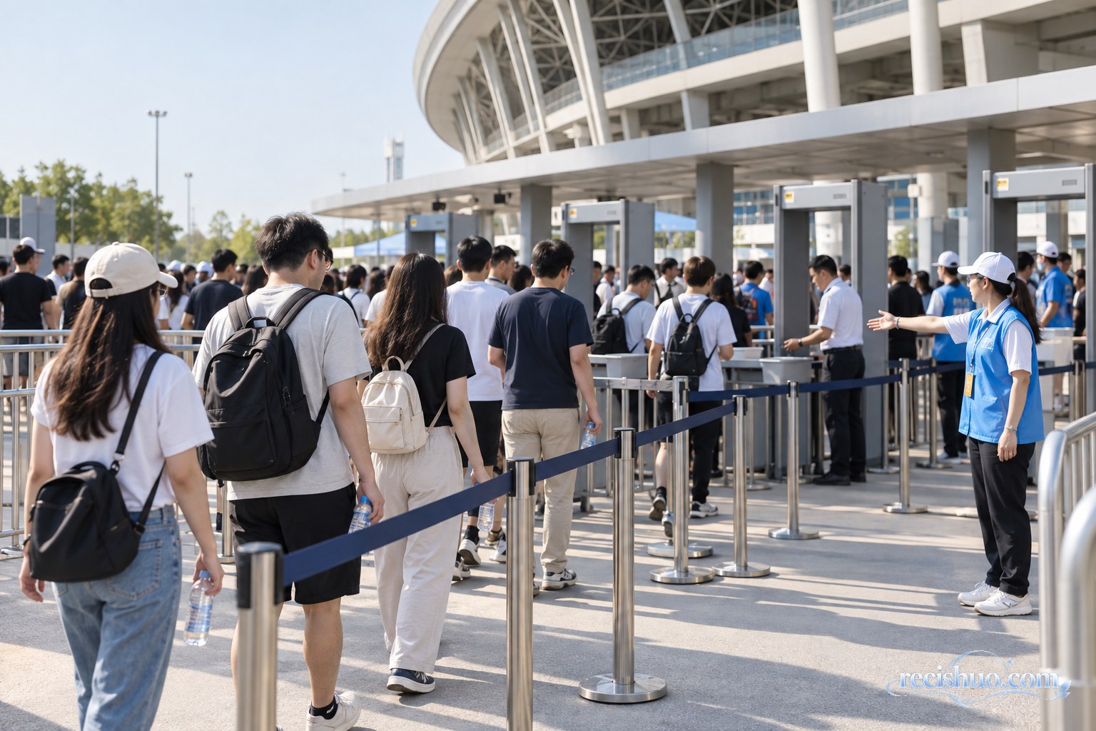 大型体育场入口处,观众在工作人员引导下有序接受安检