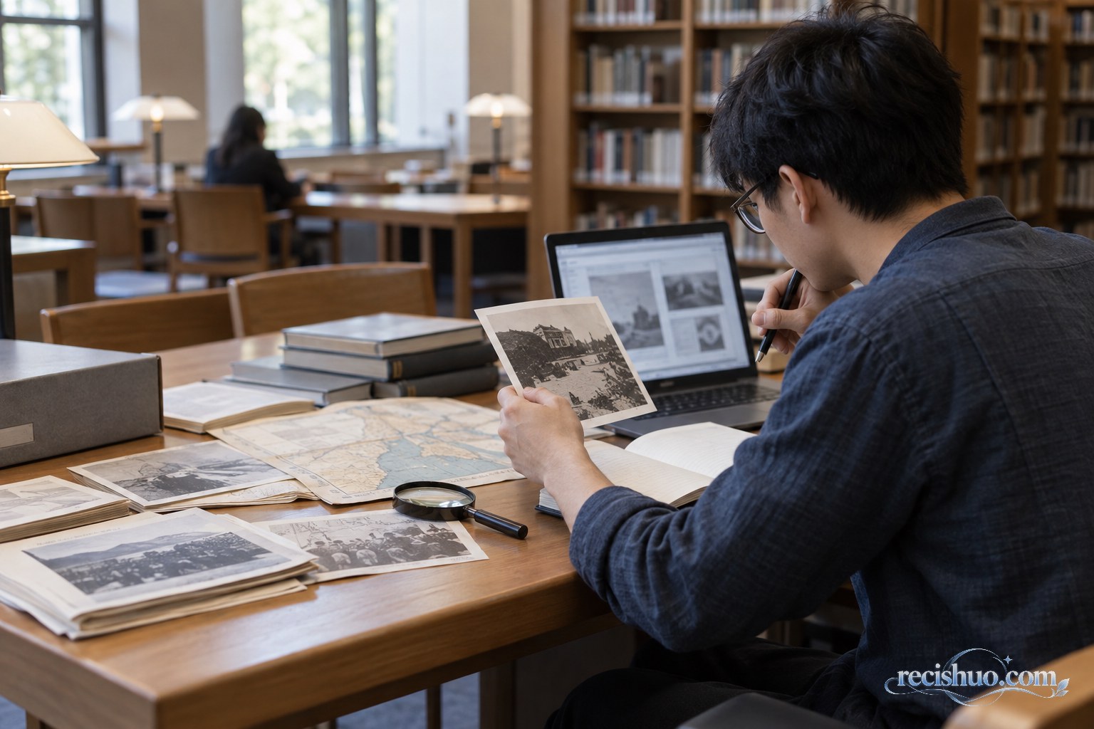 青年读者在图书馆比对历史照片、地图与数字资料