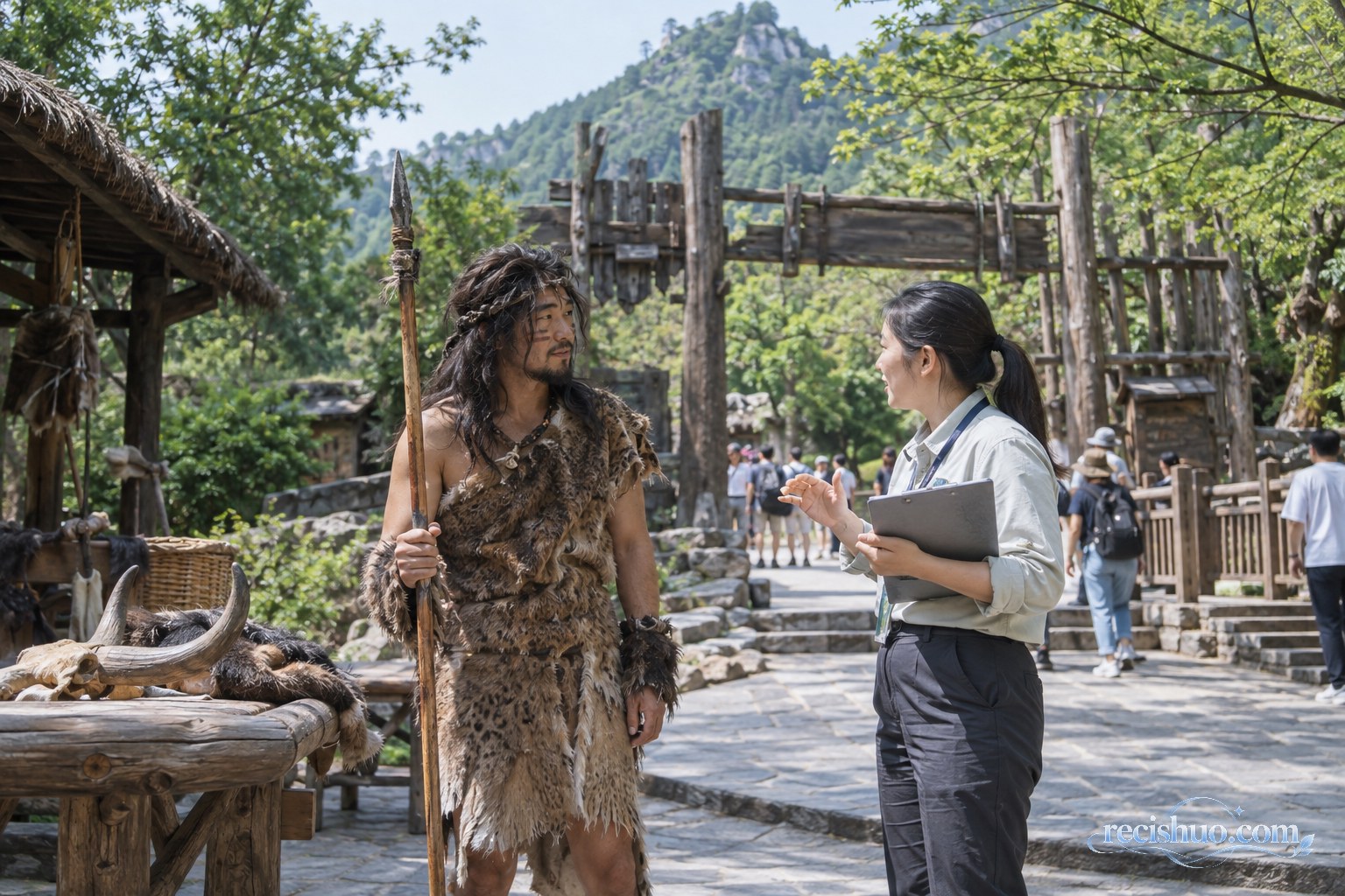 山林景区内,原始部落造型的NPC表演者正在与工作人员沟通