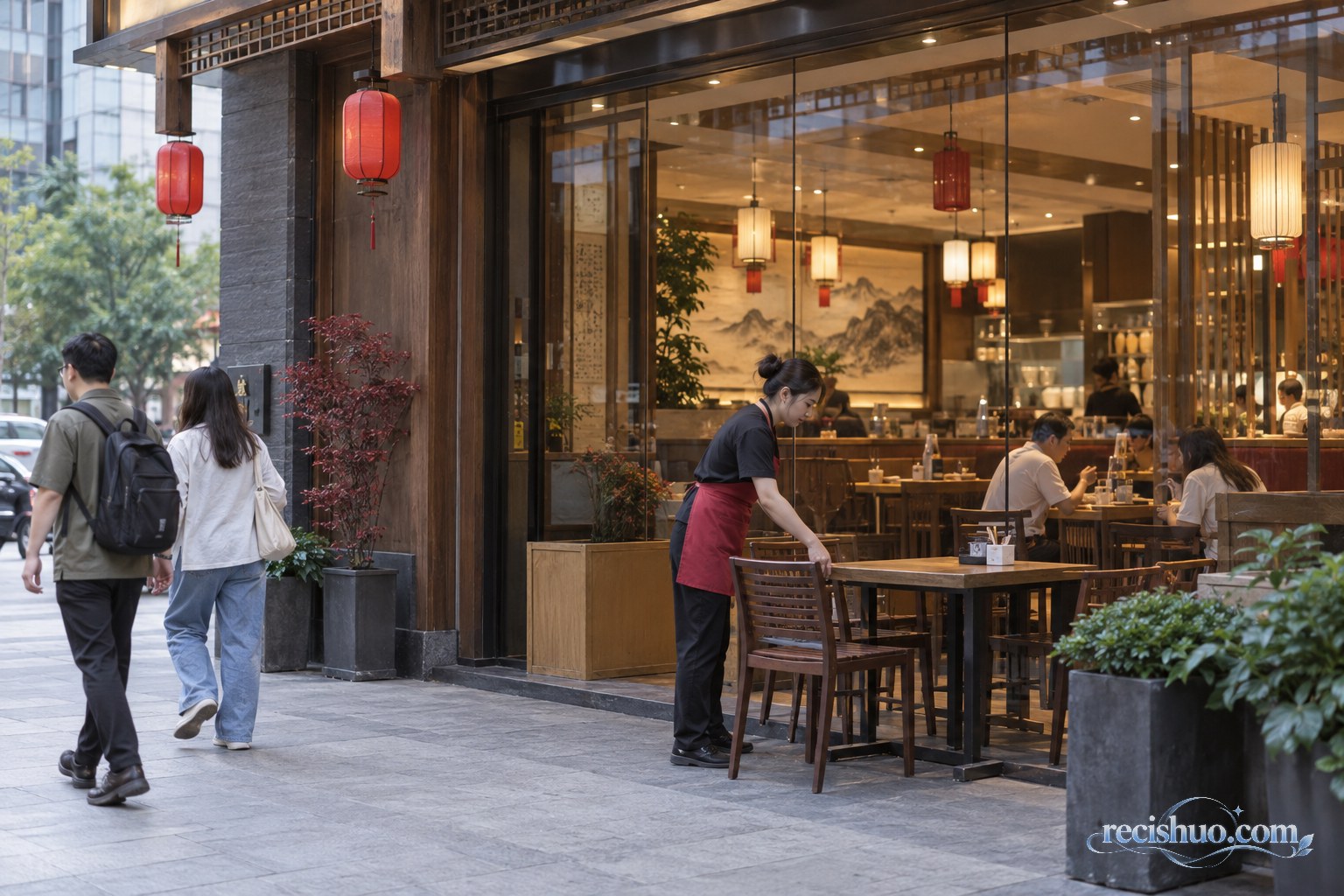 城市商业街中正常营业的中式餐厅与正在整理桌椅的店员