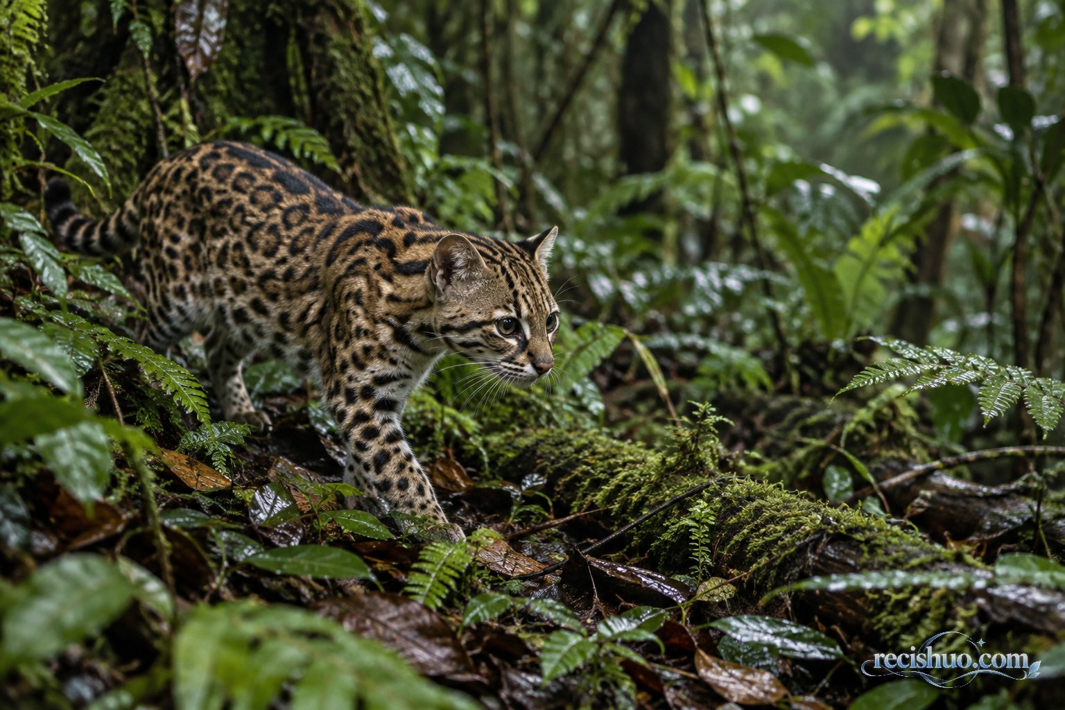 湿润热带雨林中谨慎行走的斑纹虎猫类野猫示意画面