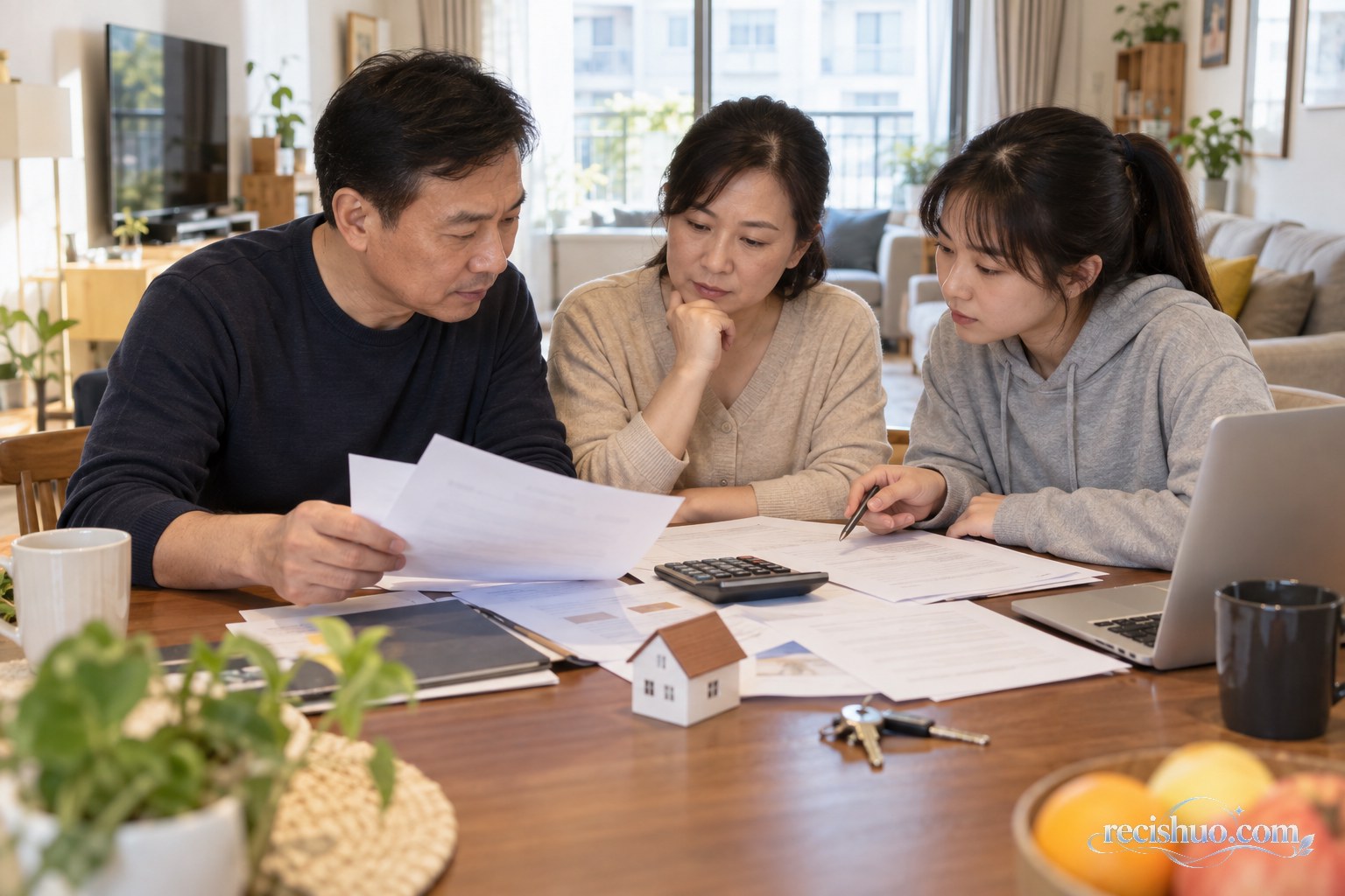 一家三口在家中核对住房支出材料和计算器