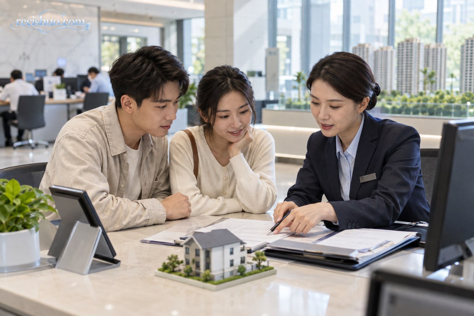 年轻夫妇在住房服务大厅向工作人员咨询公积金相关事项