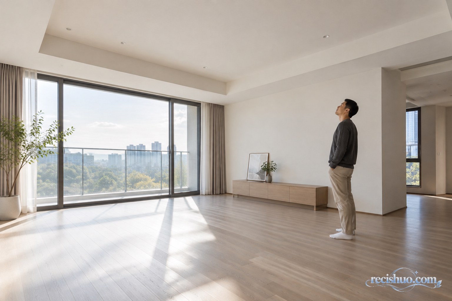 自然采光的现代住宅客厅中,一名住户站在室内观察天花板高度