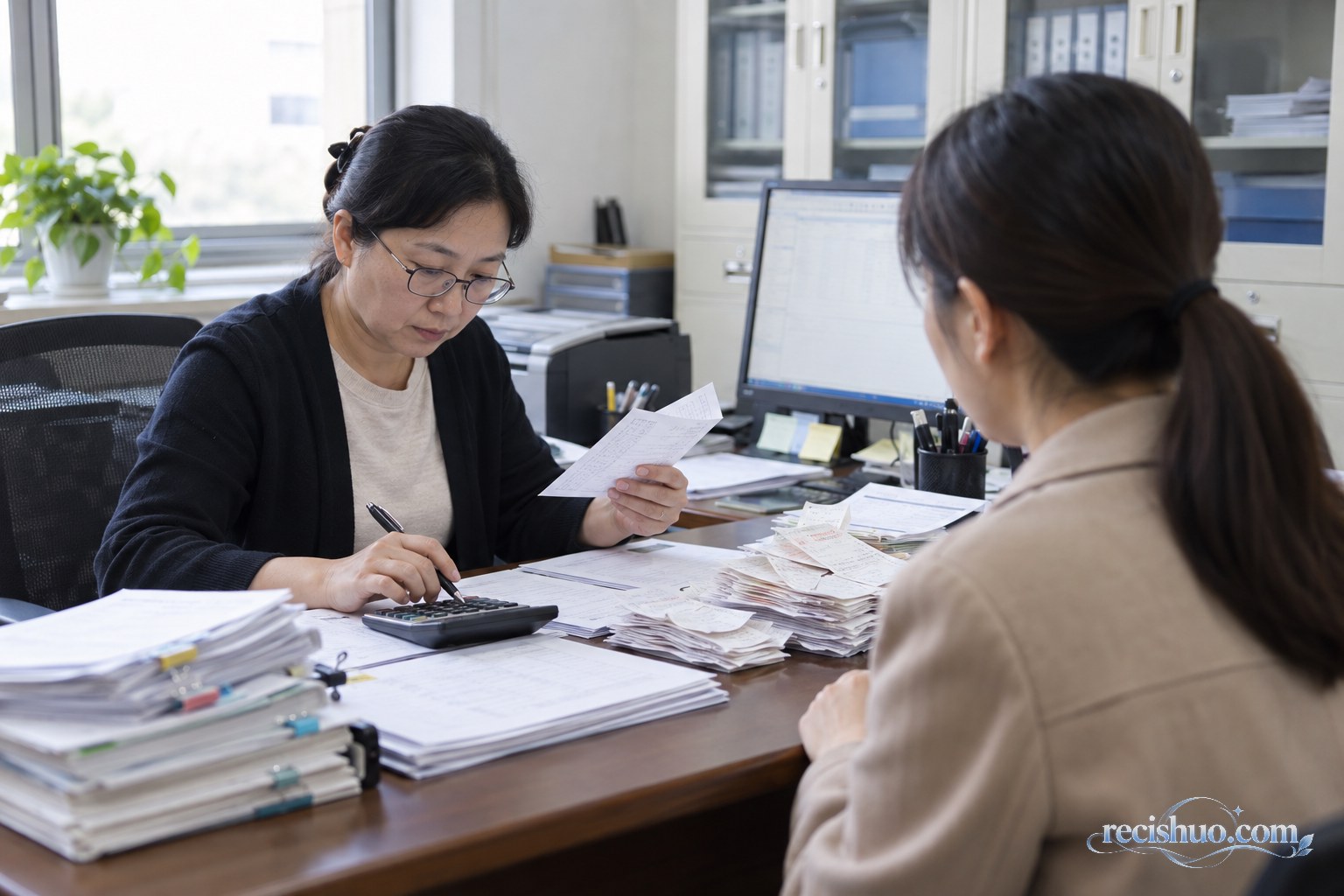 高校财务人员核对报销凭证并与教职人员沟通
