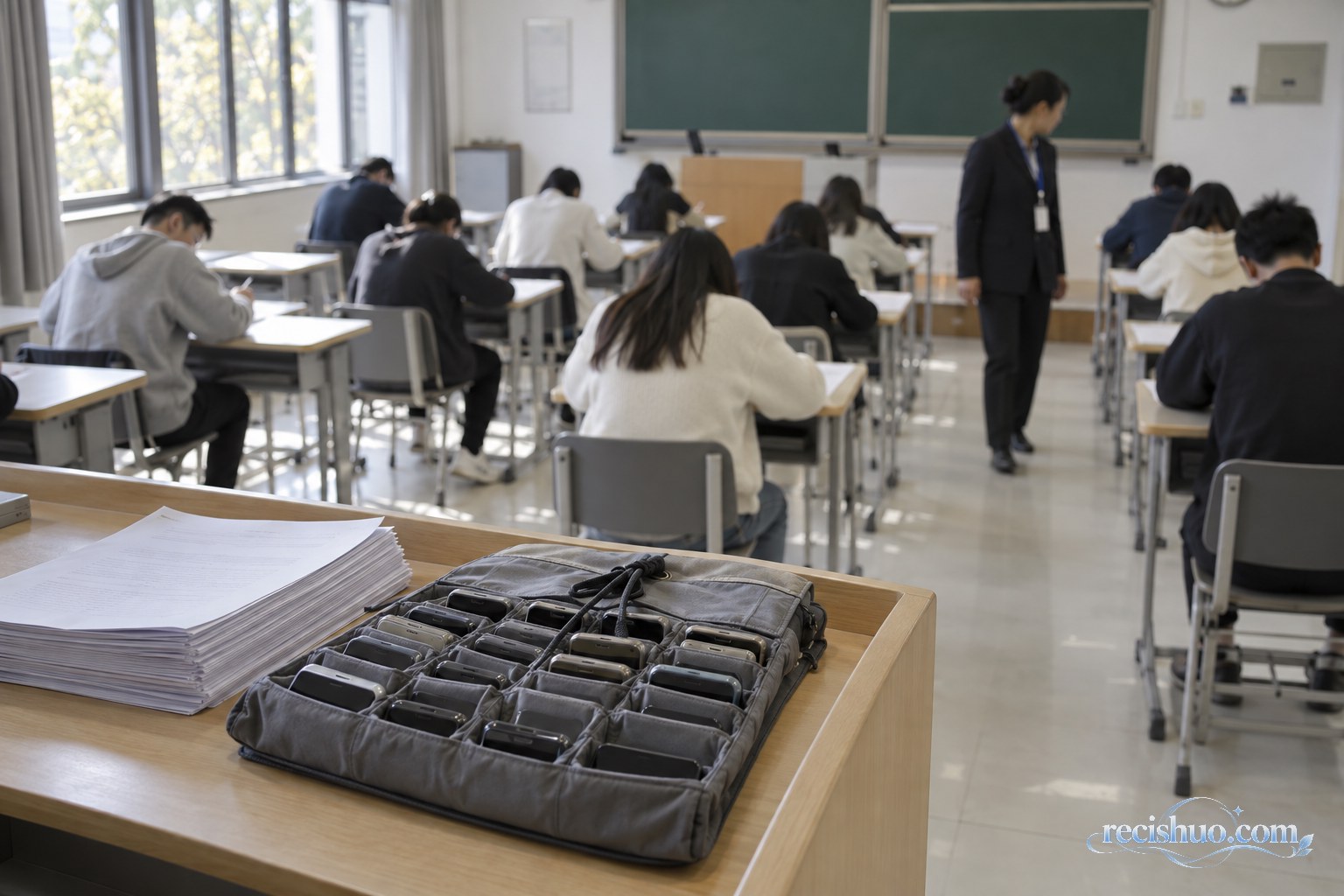 高校考场内学生分散答题,讲台前集中存放手机,监考人员正在巡视