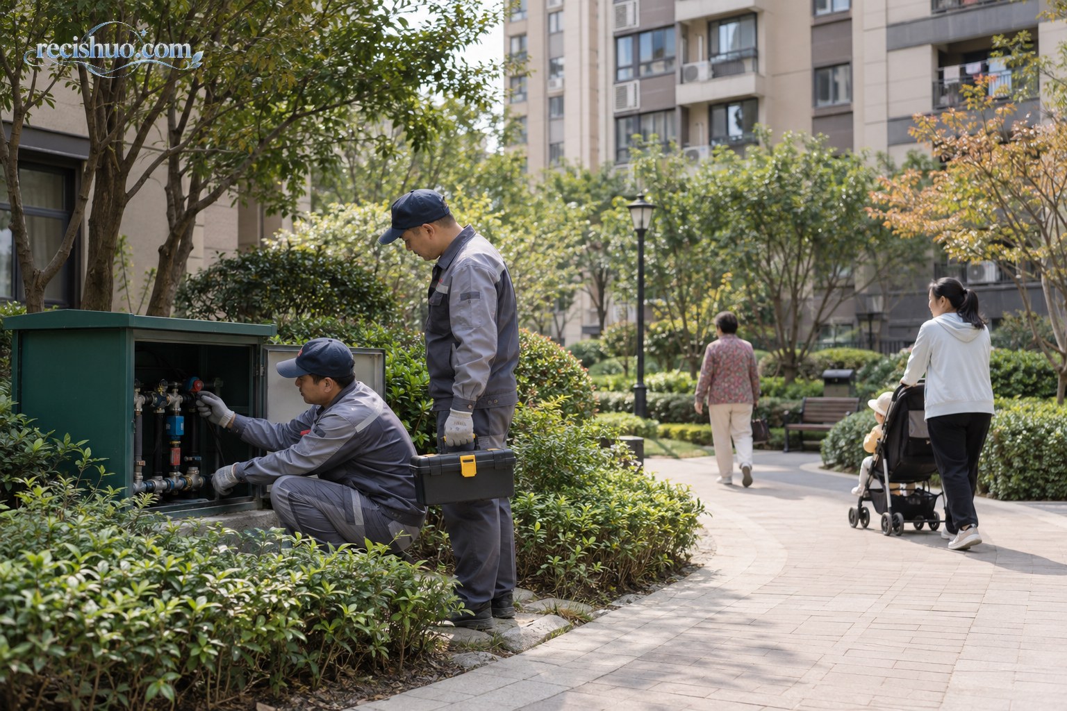 维修人员在成熟住宅小区检查公共管线设施,居民从步道经过