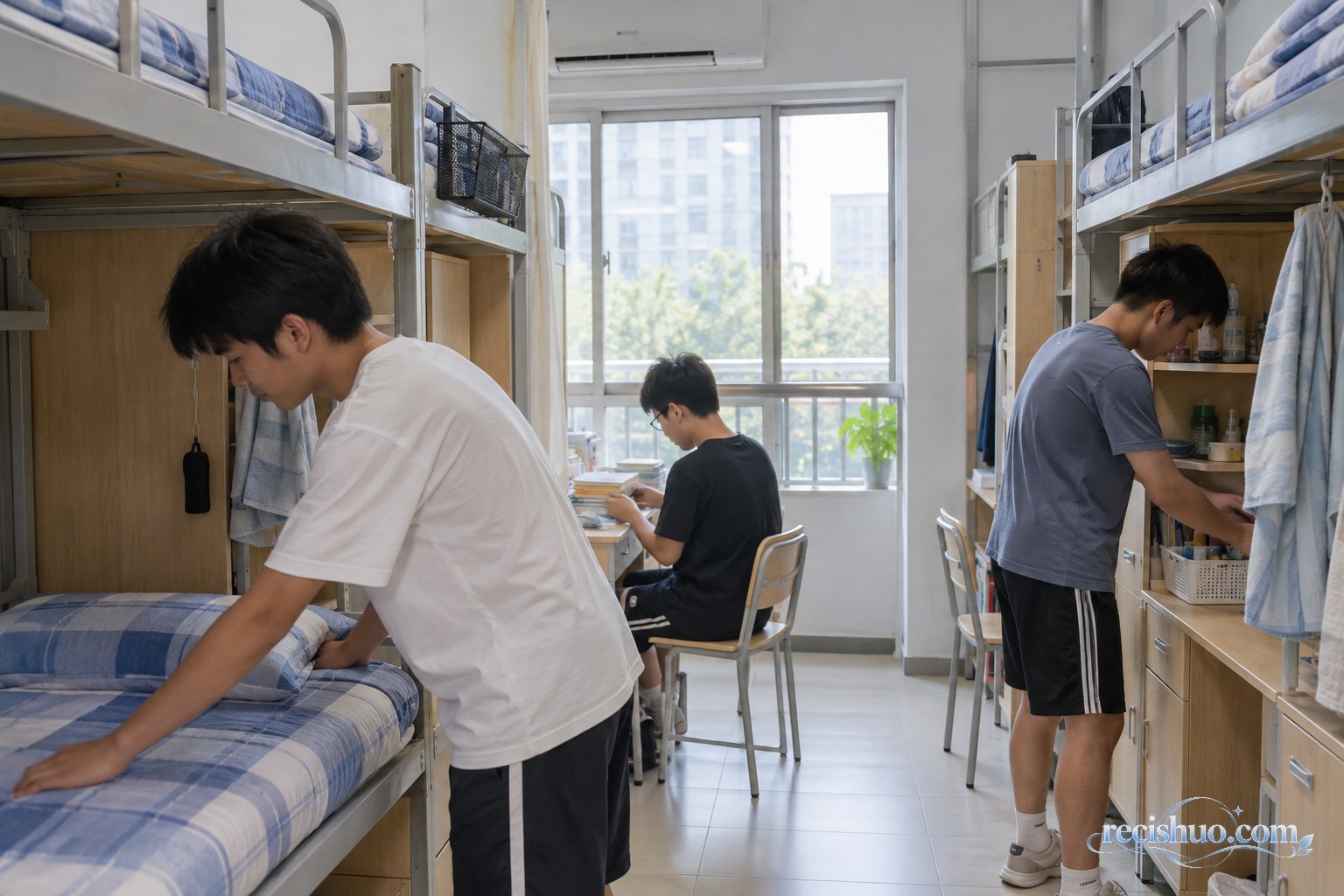 高中生在明亮整洁的宿舍内整理床铺、书本和生活用品