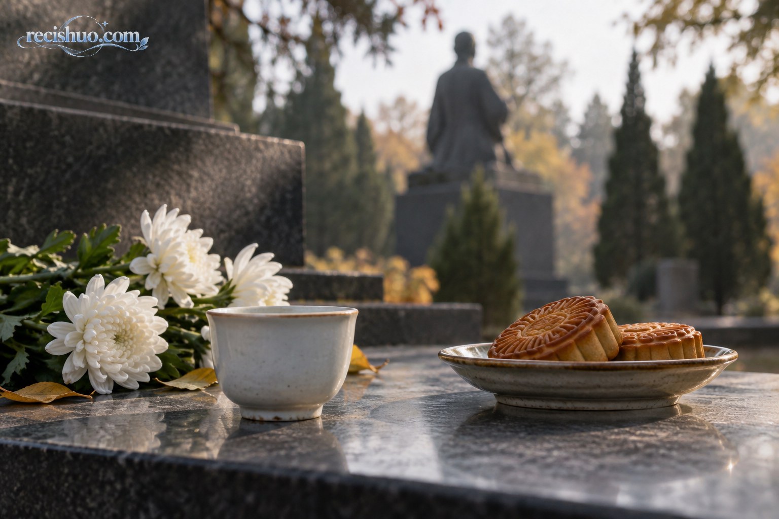 纪念台上的白瓷酒杯、月饼和白菊寄托追思与家乡记忆