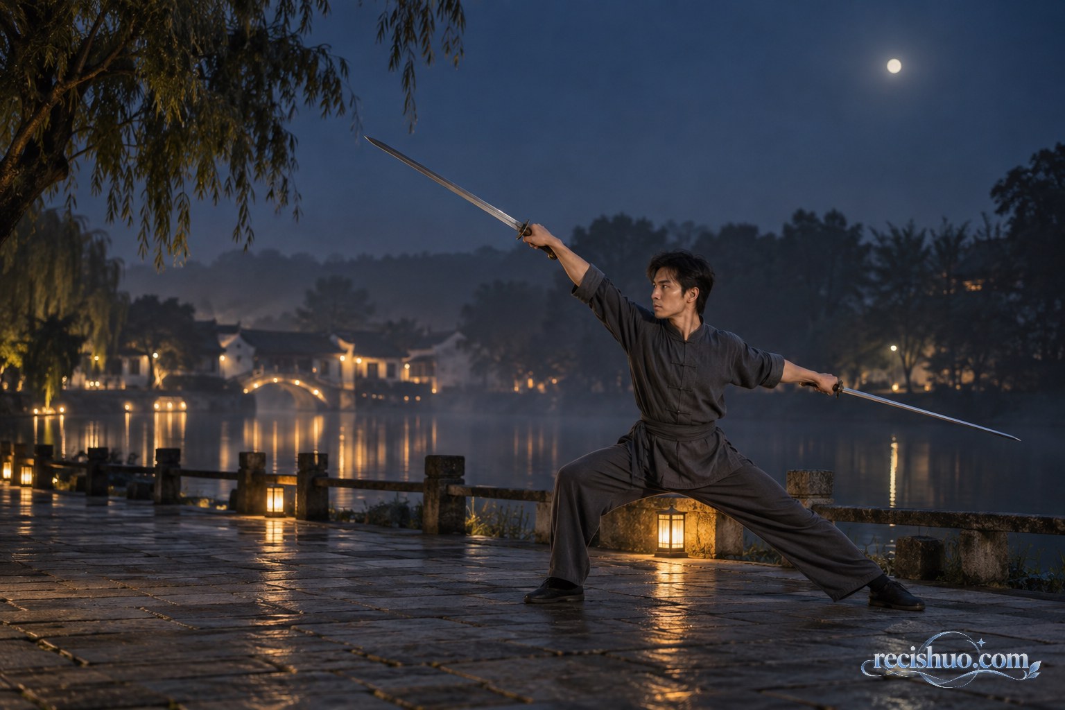 夜色湖畔,一名武术爱好者在灯影与薄雾中练习双剑动作