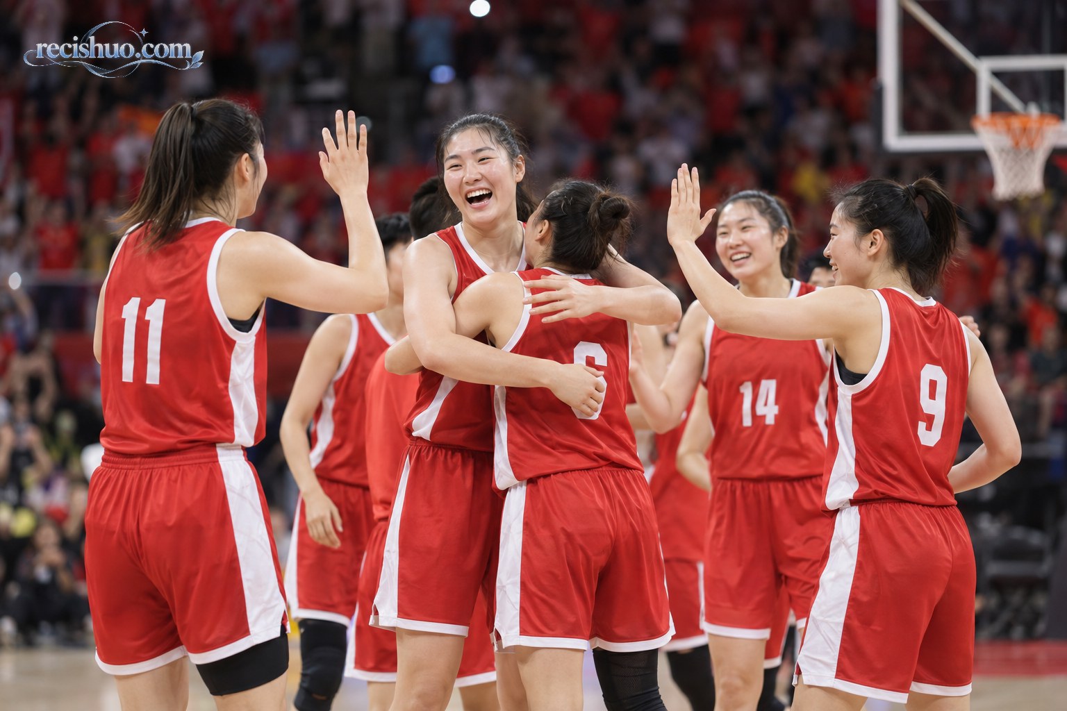 红白球衣的女子篮球运动员在比赛结束后围拢击掌庆祝