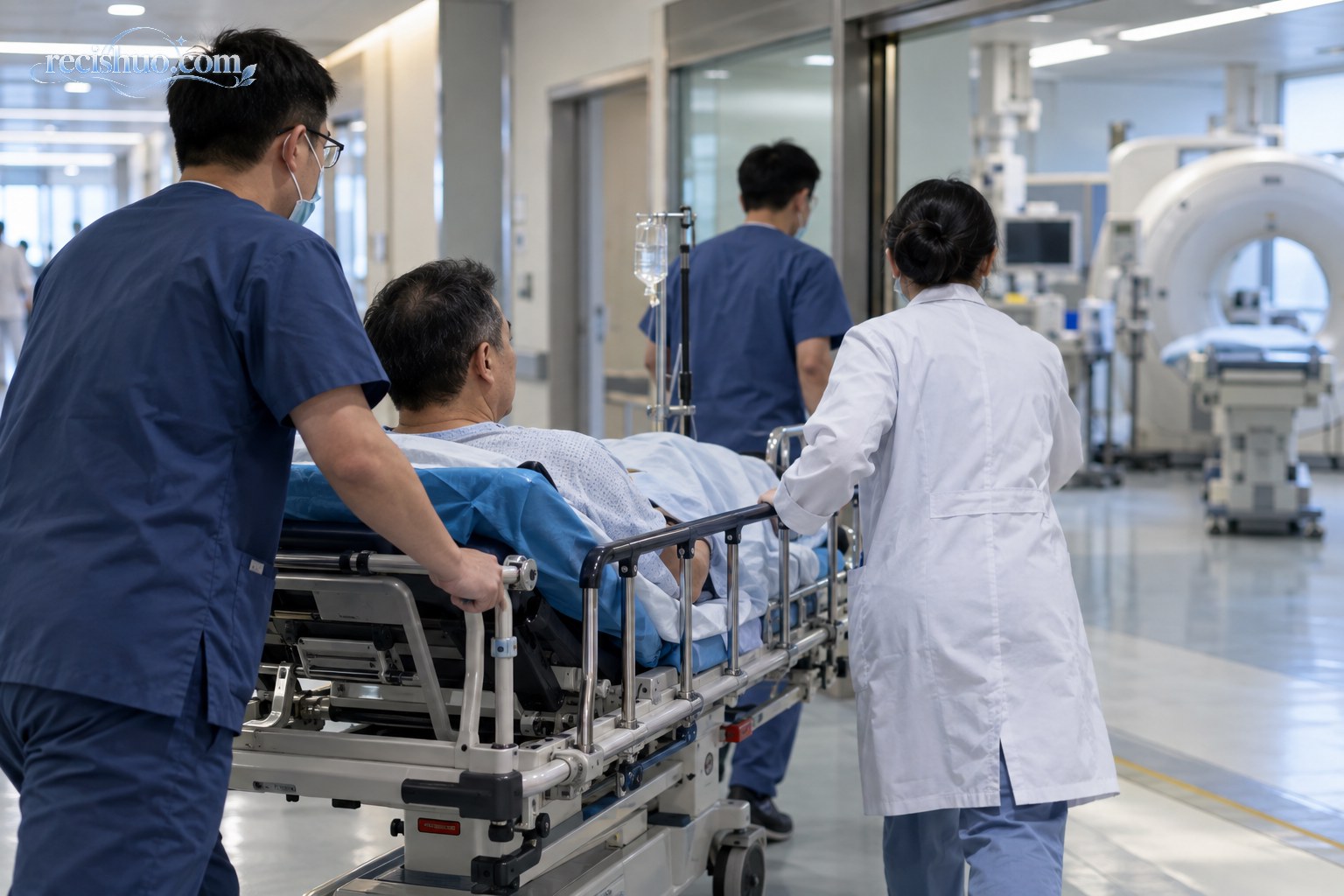 医护人员推送胸痛患者前往医院心血管诊疗区域