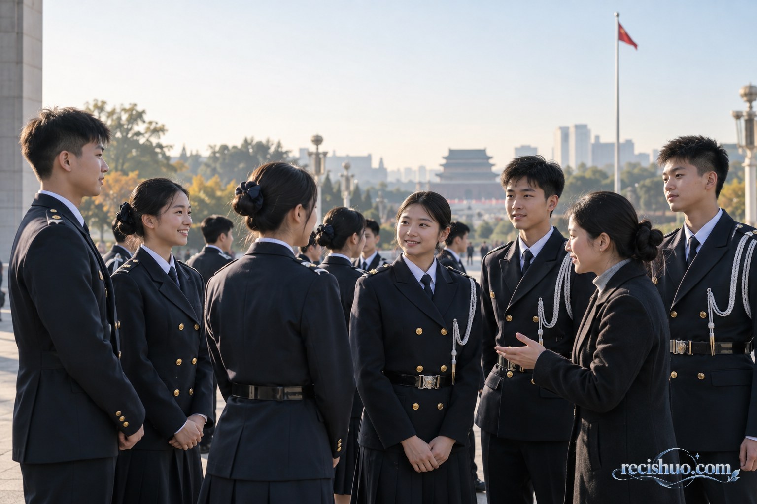 港澳青少年升旗队代表在北京城市公共空间交流的主题画面