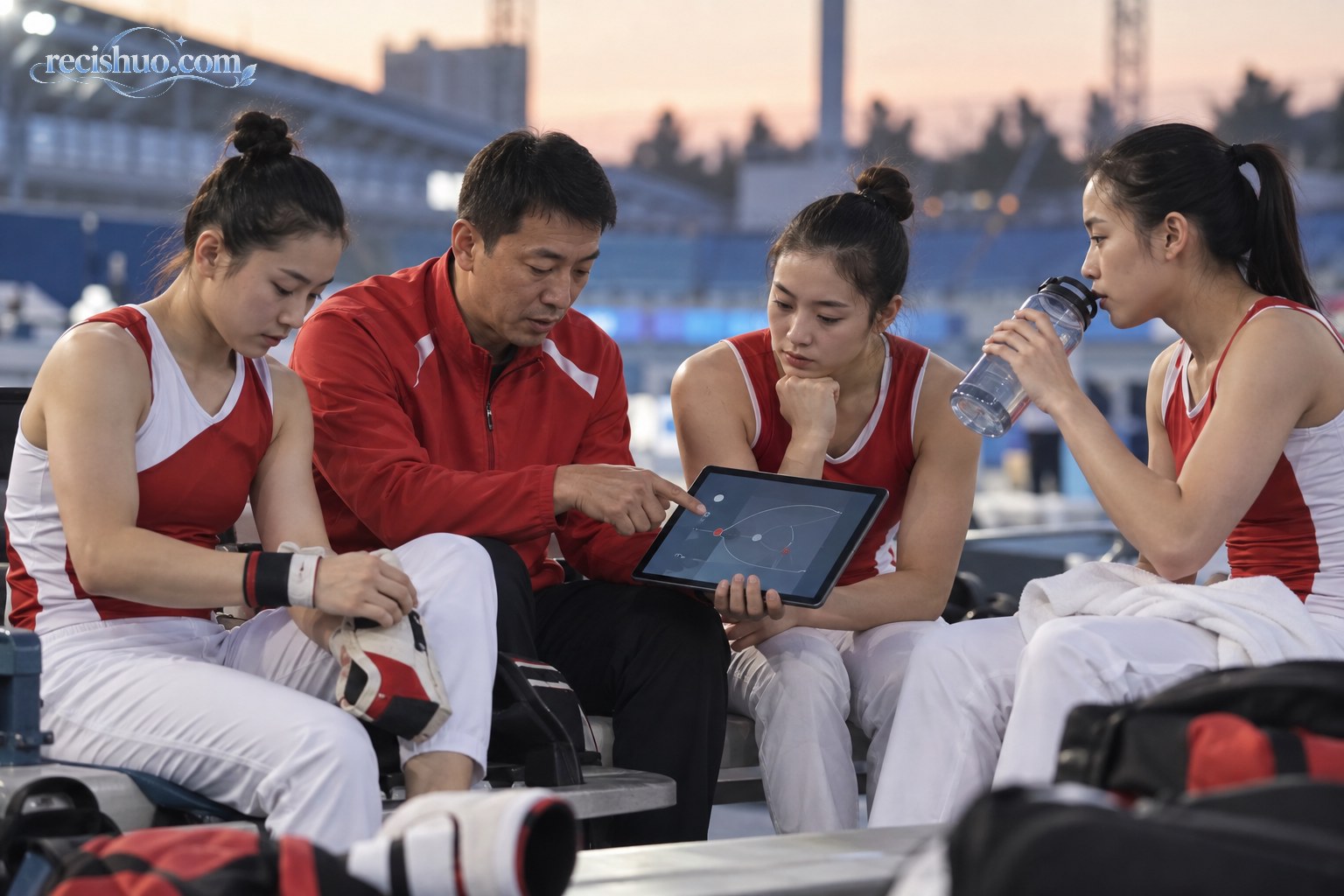 三名女子运动员与教练在赛后休息区查看平板并交流复盘