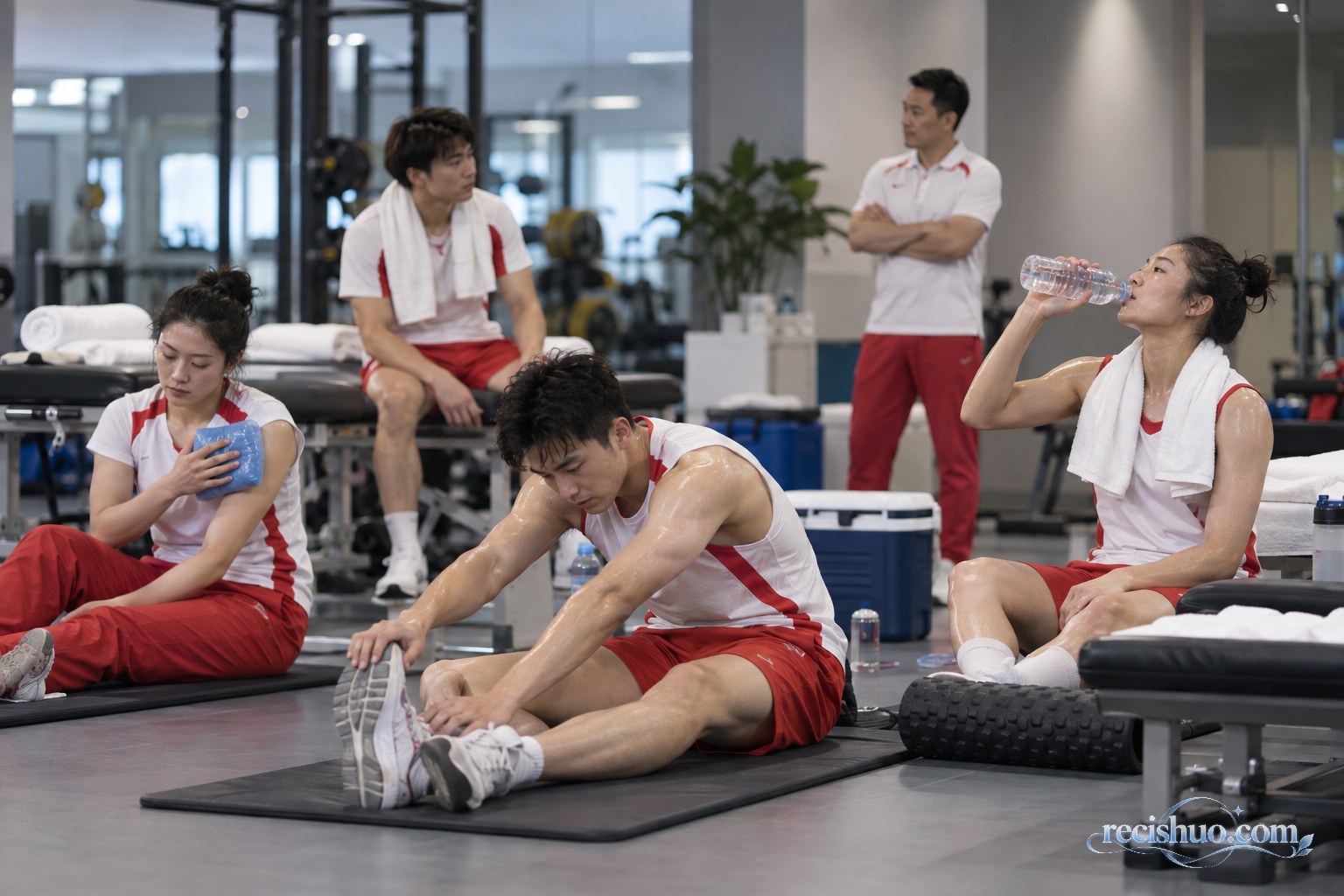 身穿红白训练服的运动员在恢复区拉伸冰敷并补充水分